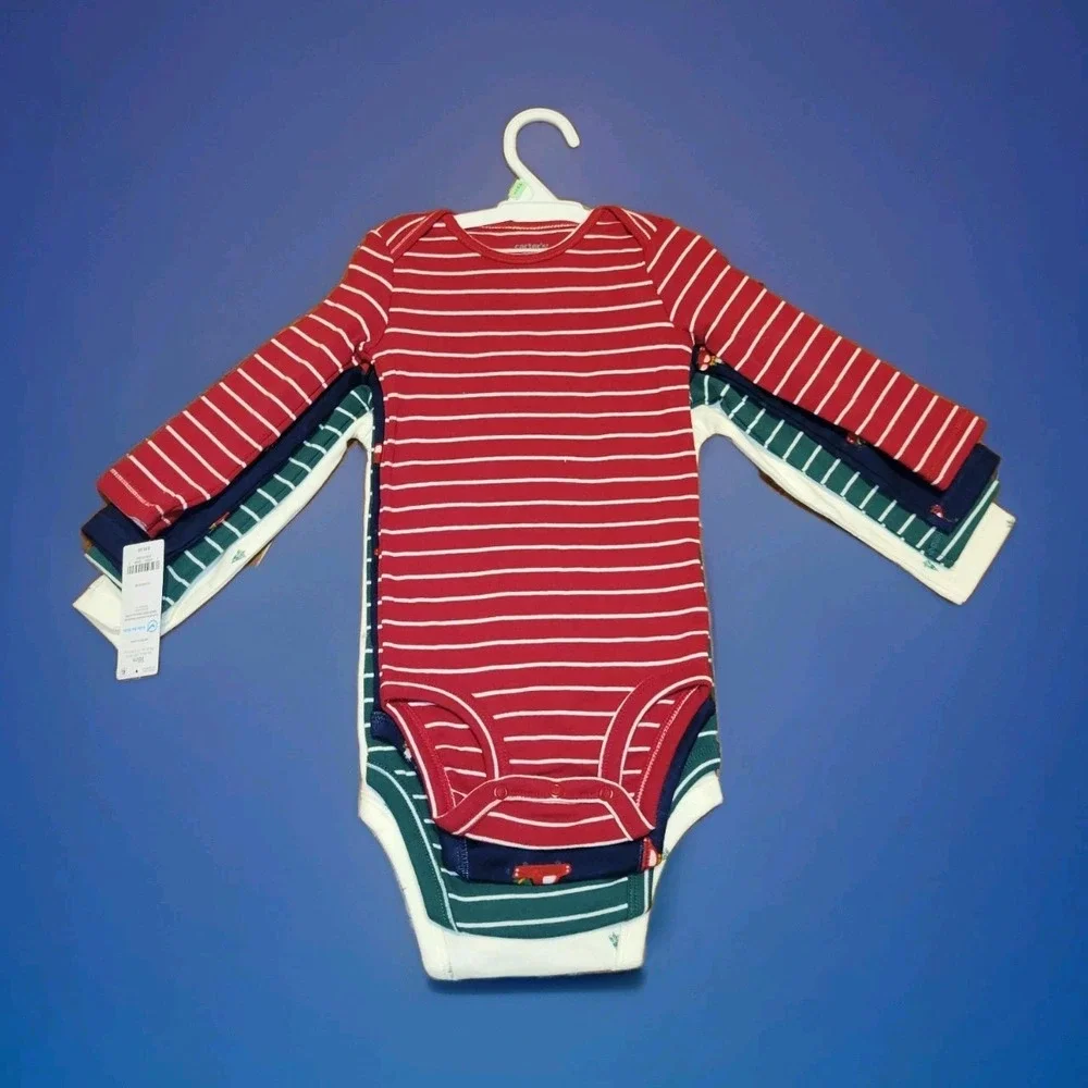 Carter's 4 Pack Boys Long Sleeve Christmas Bodysuits Red Truck Trees NWT $30